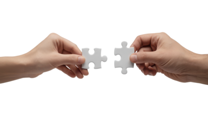 Two hands holding white puzzle pieces about to connect isolated on transparent background