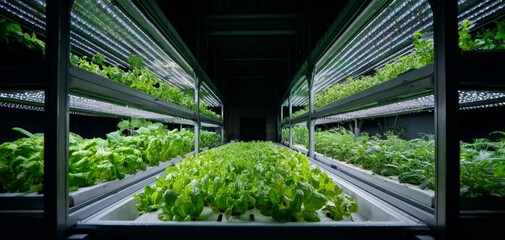 Fototapeta premium Indoor vertical farm with various leafy greens growing under LED lights. Sustainable agriculture technology and hydroponic system for urban farming concept.