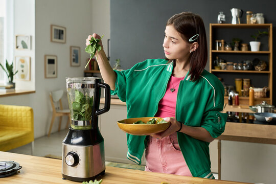 Teenage girl preparing healthy smoothie by adding fresh spinach leaves into blender while standing in modern kitchen, holding bowl with ingredients, focused on cooking process