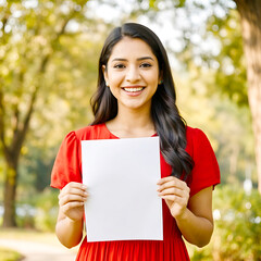 Smiling young Indian woman in a red dress happily presenting a blank white paper with copy space in a sunny outdoor park setting