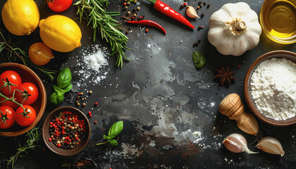 A table displaying various fresh cooking ingredients with space for recipe text in a bright kitchen setting