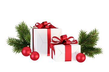 christmas tree with gift boxes, red balls isolated on white