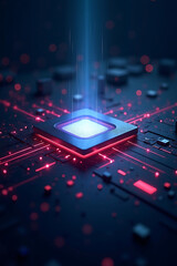 A glowing microchip with blue light beams, surrounded by red circuits on a dark background.