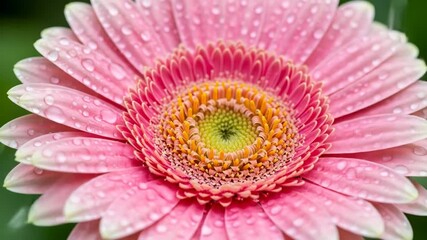 Close-up of a pink Gerbera daisy, covered in water droplets, with a yellow and green center - Powered by Adobe