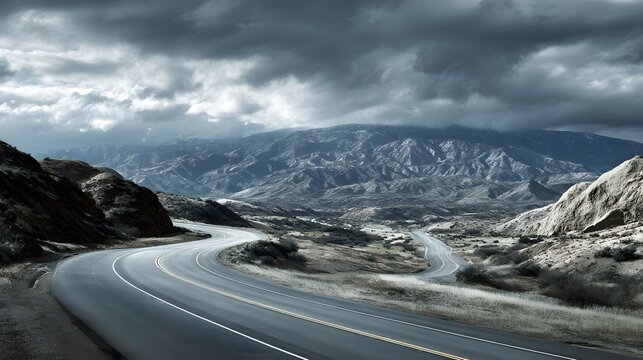 Winding asphalt highway descends through arid mountainous terrain beneath an overcast sky