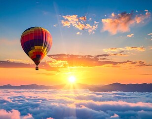 Obraz premium A vibrant hot air balloon floats above a sea of clouds at sunset