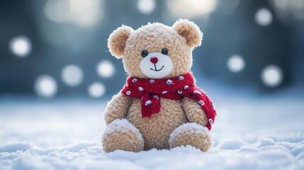 cute teddy bear wearing a red scarf, sitting on snow with a blurred background of bokeh lights and a white sky, adorable atmosphere for christmas or winter themes