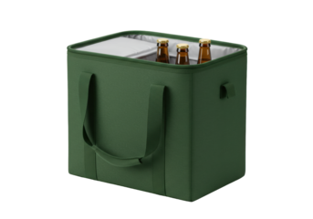 Isolated green fabric cooler bag with three bottles on top for picnic or camping trips