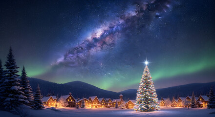 Experience the magic of Christmas tree under a breathtaking starry sky in a peaceful snowy village, perfect for holiday promotions and winter campaigns.