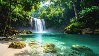 Stunning crystal-clear waterfall flowing gracefully through verdant tropical forest with beautiful negative space
