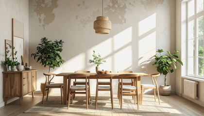 Cozy dining room featuring a wooden table and chairs with natural lighting and an empty wall for creative text use
