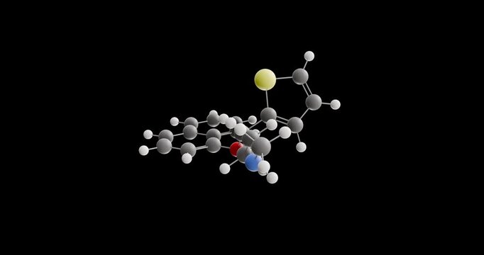 Duloxetine molecule, rotating 3D model of antidepressant, looped video on a black background
