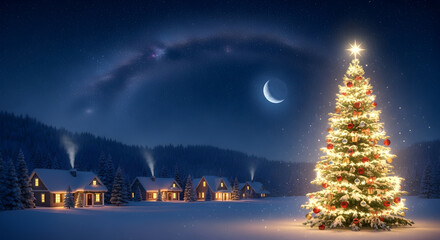 Experience the magic of Christmas tree under a breathtaking starry sky in a peaceful snowy village, perfect for holiday promotions and winter campaigns.