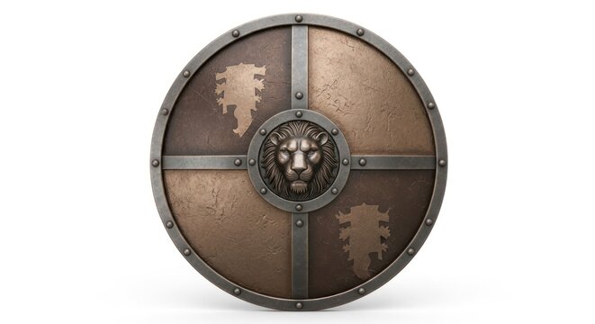 Detailed antique shield, lion emblem, textured surface, metallic, isolated