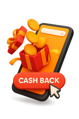 3D Gold Coins Falling into Red Gift Box on Smartphone for Cashback Promotion Campaign