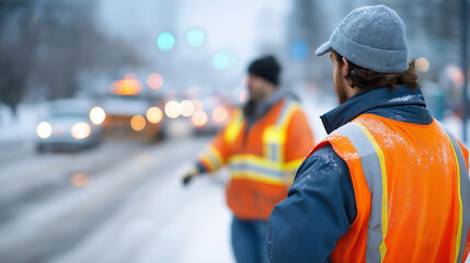 Faceless winter municipal maintenance workers from behind defocused snowy streets in background service clearing snow cold weather city services snow removal operations season