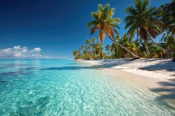 Serene tropical beach with crystal-clear turquoise waters and lush palm trees under a bright blue sky