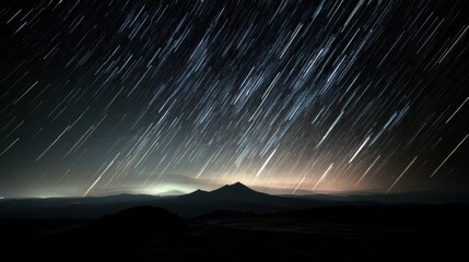 Long exposure star trails over mountain horizon for dramatic digital wallpaper, astronomy content creation, and cinematic background design.