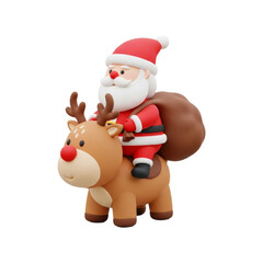 Clay-style 3D illustration of Santa Claus on a brown reindeer carrying a large over-the-shoulder gift sack