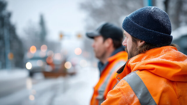 Faceless winter municipal maintenance workers from behind defocused snowy streets in background service clearing snow cold weather city services snow removal operations season