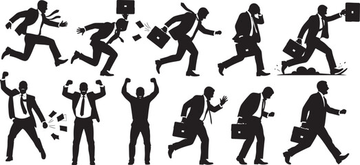 Businessman, running, silhouette, urgency, briefcase, falling, motion, stress, career, rush, stumble, sprint, incline, lost hat, corporate, fast pace, office rush, 
