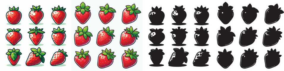 Set of vector and shilhouttes images of strawberry fruit on a white background