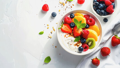 Healthy breakfast bowl filled with creamy yogurt, fresh fruits, and crunchy nuts against a bright background