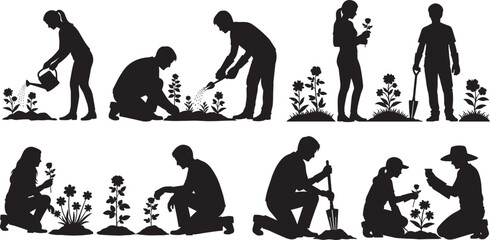 Gardening, teamwork, silhouette, flower bed, planting, watering, digging, horticulture, outdoor activity, spring garden, community, nature, eco-friendly, floral care, teamwork, soil, bloom, garden