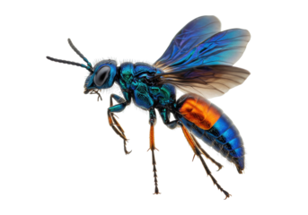 Isolated Cuckoo Wasp close-up with wings spread showing a colorful metallic body, insect macro