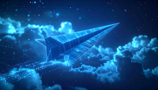 Glowing paper airplane soars through fluffy clouds against a starry night sky, symbolizing innovation, dreams, and the boundless potential of technology and imagination.