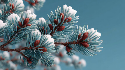 Pine branch with snow and cones on blue sky background in winter