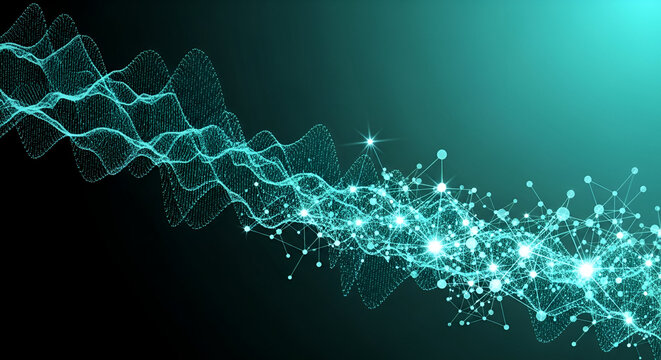Teal Digital Wave and Network Structure on Black Background