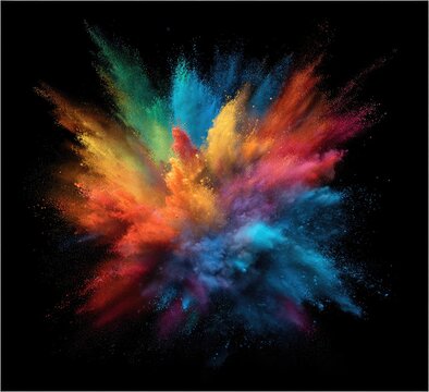 Explosive, vibrant burst of multi-colored powder against a stark, black backdrop