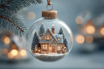 Christmas ornament with cozy house and pine tree inside glowing