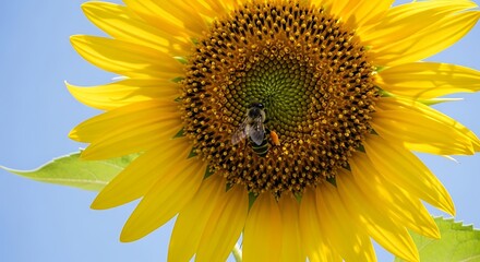 Obraz premium Bee harvesting pollen from a vibrant sunflower against a clear blue sky backdrop