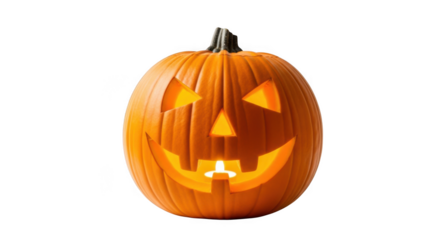 A carved halloween pumpkin with a glowing candle inside and a spooky face, isolated on transparent background
