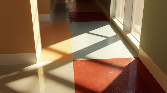 A sunlit corridor with colorful flooring and shadow play. The scene showcases the interplay of light and shadow, creating a dynamic visual experience - Powered by Adobe