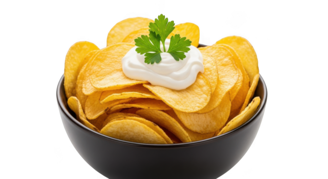 A black bowl overflowing with crispy potato chips, topped with a dollop of sour cream and fresh parsley, isolated on transparent background