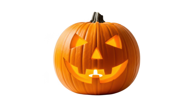 A carved halloween pumpkin with a glowing candle inside and a spooky face, isolated on transparent background