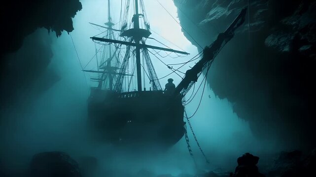 A vivid portrayal of a ship emerging from the depths of a cavernous body of water. The ships masts and rigging are visible, and the surrounding water is a deep blue.
