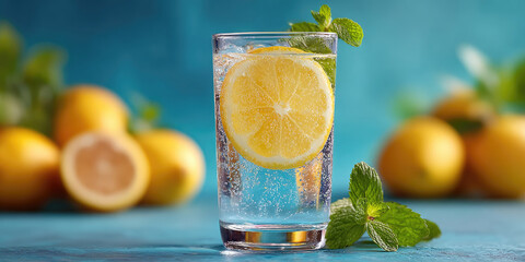 Lemon slice sparkling water with fresh mint leaves refreshing drink