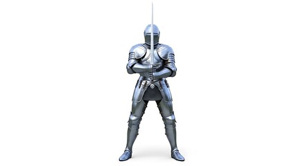 Imposing Medieval Knight in Gleaming Full Plate Armor with Sword, Isolated on White Background