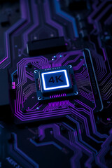 Close-up view of a computer processor chip with glowing 4K display.