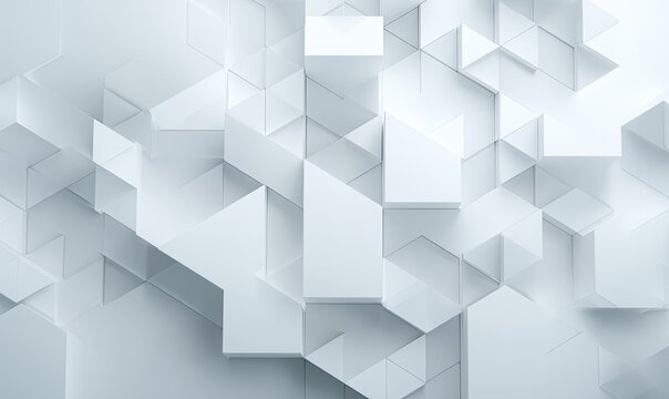 Abstract 3D composition of white geometric shapes, including triangles and cubes