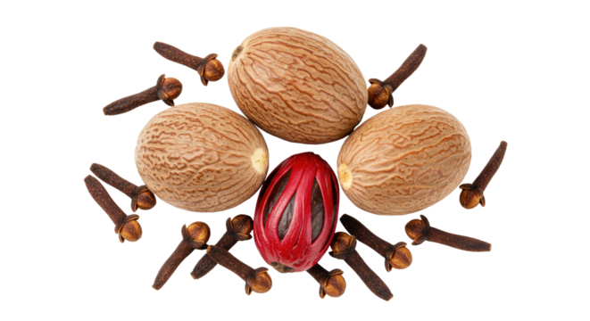 Isolated nutmeg, mace and cloves, a spice blend for cooking and baking around Christmas