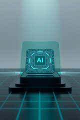 A glowing, futuristic representation of an AI processor displayed on a pedestal.