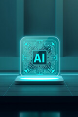 A glowing AI chip displayed on a pedestal within a futuristic, teal-toned environment.