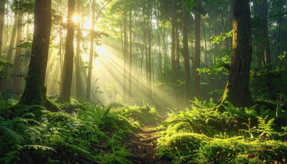 Fototapeta premium Lush green forest with sunlight streaming through tall trees creating beautiful beams of light in nature