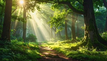 Obraz premium Enchanting forest scene with sunlight filtering through tall trees creating a magical atmosphere of serenity