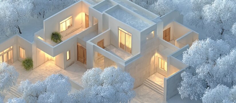 Modern Architectural Design of a Luxurious White Villa Surrounded by Snowy Trees in a Serene Winter Landscape